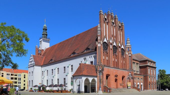 Het gotische stadhuis van Frankfurt (Oder) met zijn opvallende rode baksteenfaçade en toren, gezien op een zonnige dag.