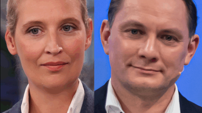 Portretten van Alice Weidel en Tino Chrupalla naast elkaar, afkomstig uit tv-uitzendingen.