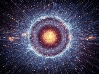 Conceptuele illustratie van kunstmatige intelligentie met een centraal AI-symbool en stralende datapatronen.