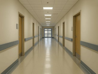 Lege, stille ziekenhuisgang met deuren aan beide zijden en helder licht aan het einde van de hal.