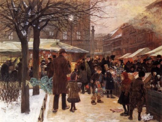 Historische schildering van een kerstmarkt in Berlijn, 1892, met bezoekers en kraampjes in de sneeuw