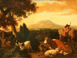 Koe tussen schapen in pastorale weide – schilderij van Abraham Begeyn, 17e eeuw