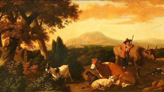 Koe tussen schapen in pastorale weide – schilderij van Abraham Begeyn, 17e eeuw