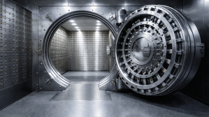 Illustratieve weergave van een open bankkluis met kluisdeur en kluisjes