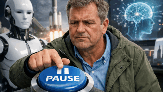 Man drukt op pauzeknop tegen achtergrond van technologie en kunstmatige intelligentie