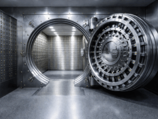 Illustratieve weergave van een open bankkluis met kluisdeur en kluisjes