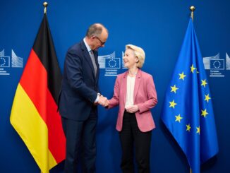 Friedrich Merz en Ursula von der Leyen tijdens een bezoek van de Duitse bondskanselier aan de Europese Commissie in Brussel.