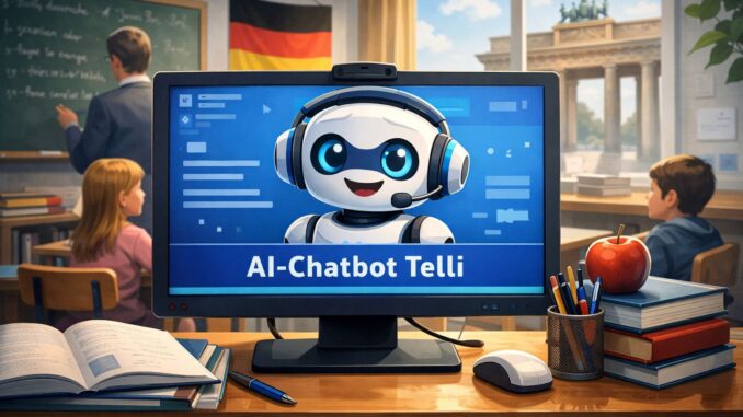 Illustratie van AI-chatbot Telli op een beeldscherm in een Duitse klas in Nedersaksen