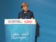 Angela Merkel spreekt op een CDU-bijeenkomst tijdens de verkiezingscampagne in Thüringen (2014)