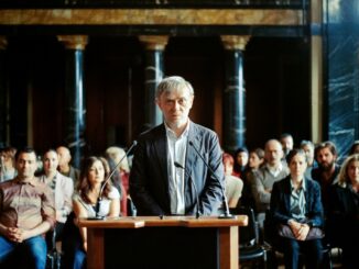 Scène uit Gelbe Briefe van İlker Çatak: Tansu Biçer staat in een rechtszaal tijdens de Berlinale 2026