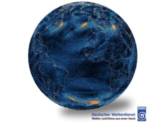 Visualisatie van het AI-weermodel AICON van de Deutscher Wetterdienst met wereldwijde windstromen en snelheden op 1 kilometer hoogte.