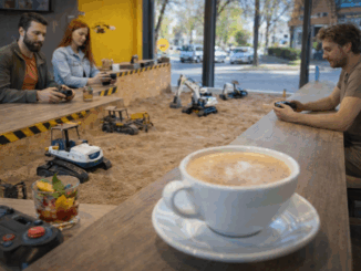 Bezoekers besturen mini-graafmachines in een zandbak terwijl ze koffie drinken in een bijzonder café in Hannover