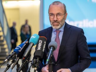 Manfred Weber spreekt tijdens een persconferentie met meerdere microfoons