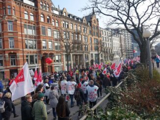 Demonstratie van vakbond ver.di met vlaggen tijdens staking in Hamburg