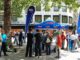 AfD-stand in Hannover tijdens een demonstratie en tegendemonstratie voorafgaand aan de Europese verkiezingen van 2024.