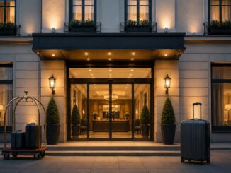 Verlichte ingang van een hotel met koffers voor de deur