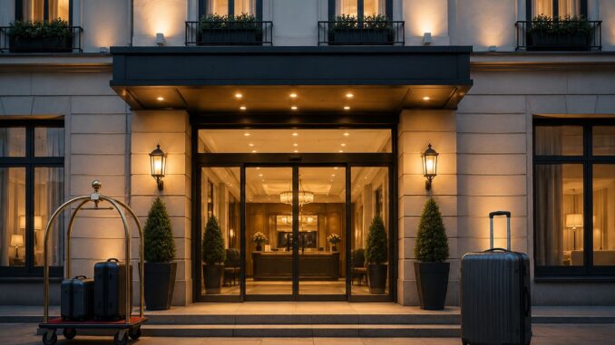 Verlichte ingang van een hotel met koffers voor de deur