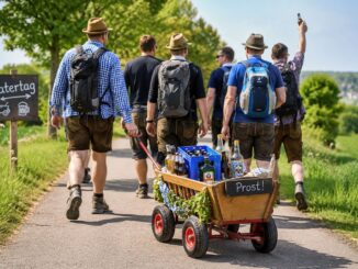 Groep mannen met een met drank gevulde bolderwagen tijdens Vaderdag op Hemelvaartsdag in Duitsland