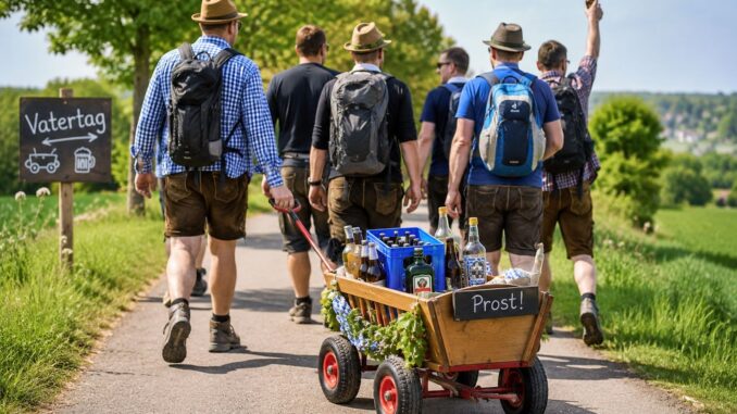 Groep mannen met een met drank gevulde bolderwagen tijdens Vaderdag op Hemelvaartsdag in Duitsland