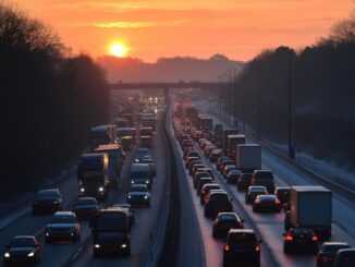 Lange file op een Duitse snelweg bij zonsondergang