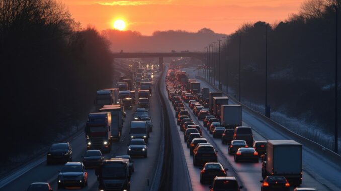 Lange file op een Duitse snelweg bij zonsondergang