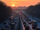 Lange file op een Duitse snelweg bij zonsondergang