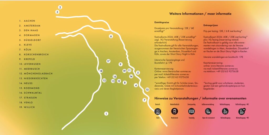 Kaart met steden van de Literaire Zomer 2026 in Duitsland en Nederland
