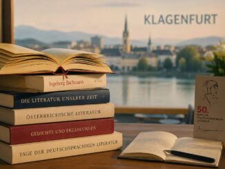 Stapel boeken met op de achtergrond Klagenfurt als illustratie bij de Ingeborg Bachmannprijs 2026.