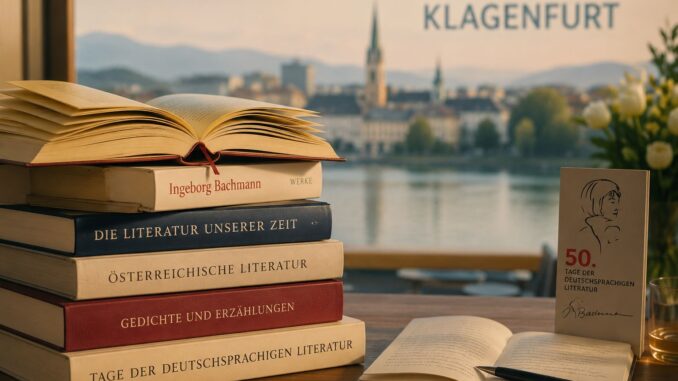 Stapel boeken met op de achtergrond Klagenfurt als illustratie bij de Ingeborg Bachmannprijs 2026.