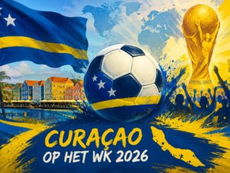 Illustratie van Curaçao in blauw-gele kleuren met voetbal, supporters en WK-sfeer.
