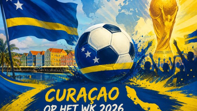 Illustratie van Curaçao in blauw-gele kleuren met voetbal, supporters en WK-sfeer.