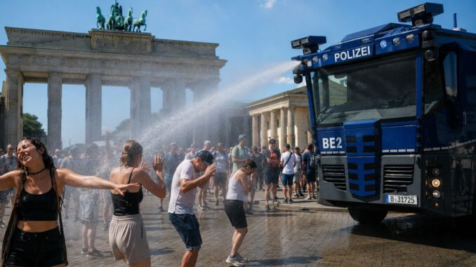 Berlijnse politie zorgt met een waterkanon voor verkoeling van bezoekers bij de Brandenburger Tor tijdens de extreme hitte.