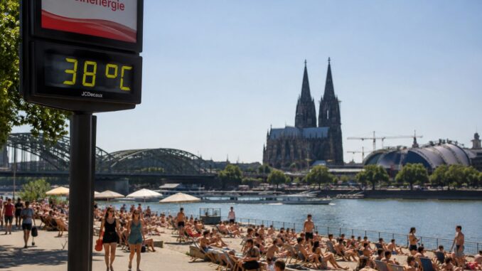 Mensen zoeken verkoeling aan de Rijn in Keulen terwijl een temperatuurdisplay 38 graden aangeeft tijdens een hittegolf.