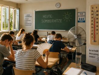 AI-illustratie van scholieren in een warm klaslokaal tijdens een hittegolf in Duitsland