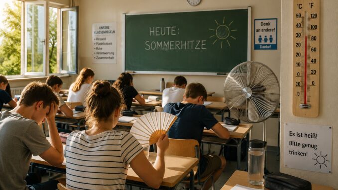 AI-illustratie van scholieren in een warm klaslokaal tijdens een hittegolf in Duitsland