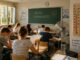 AI-illustratie van scholieren in een warm klaslokaal tijdens een hittegolf in Duitsland