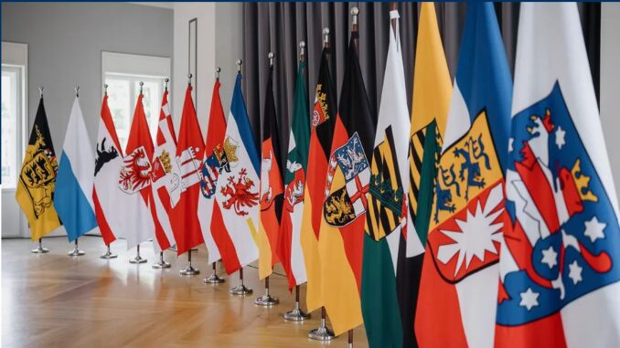 Vlaggen van de Duitse deelstaten tijdens de conferentie van Ministers van Justitie in Hamburg in juni 2026