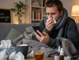 Verkouden man zoekt via zijn smartphone medische informatie terwijl hij thuis op de bank zit met thee en zakdoeken.