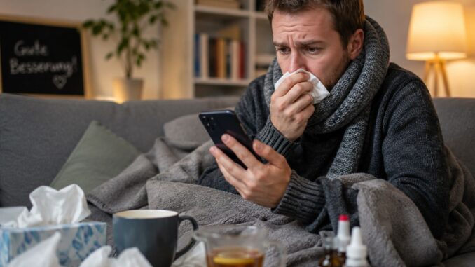 Verkouden man zoekt via zijn smartphone medische informatie terwijl hij thuis op de bank zit met thee en zakdoeken.