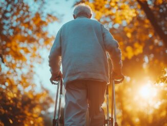Oudere man met rollator tijdens een wandeling in een park in Duitsland