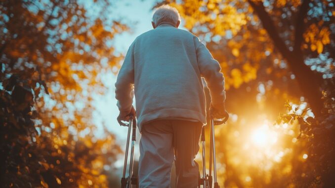 Oudere man met rollator tijdens een wandeling in een park in Duitsland