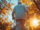 Oudere man met rollator tijdens een wandeling in een park in Duitsland