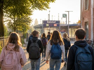 Scholieren met rugzakken lopen in de ochtend naar een Duits treinstation voor hun reis naar school.