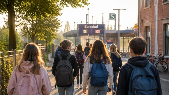 Scholieren met rugzakken lopen in de ochtend naar een Duits treinstation voor hun reis naar school.