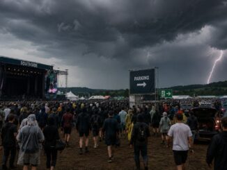 Festivalbezoekers op het Southside Festival onder donkere onweerswolken terwijl bliksem zichtbaar is aan de horizon.