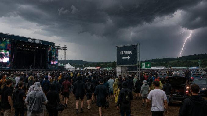 Festivalbezoekers op het Southside Festival onder donkere onweerswolken terwijl bliksem zichtbaar is aan de horizon.