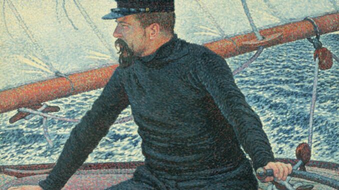 Portret van kunstenaar Paul Signac aan boord van zijn zeiljacht Olympia, geschilderd door Théo van Rysselberghe in 1896.