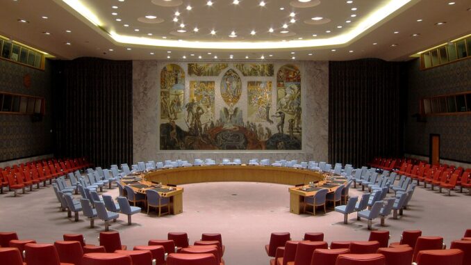 Vergaderzaal van de VN-Veiligheidsraad in het hoofdkwartier van de Verenigde Naties in New York.