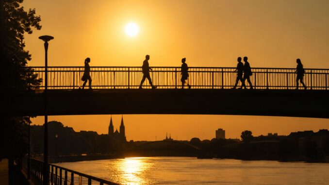 Mensen lopen tijdens een extreem warme zomeravond over een brug terwijl de lucht goudgeel kleurt door de hitte.