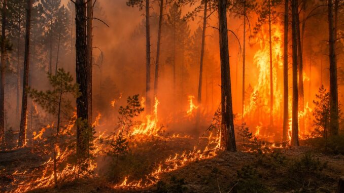 AI-illustratie van een bosbrand in een droog naaldbos met hoge vlammen en dichte rook.
